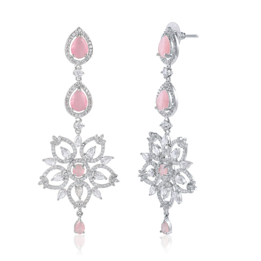 Handmade Stylish White Pink Cz Layered Dangle Drop Earrings For Wedding And Daily Wearing In Brass And Aaa Grade Rhyno Perfect For Gift