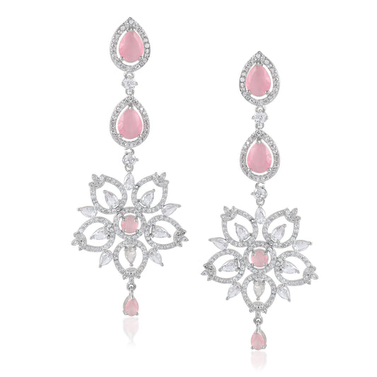 Handmade Stylish White Pink Cz Layered Dangle Drop Earrings For Wedding And Daily Wearing In Brass And Aaa Grade Rhyno Perfect For Gift