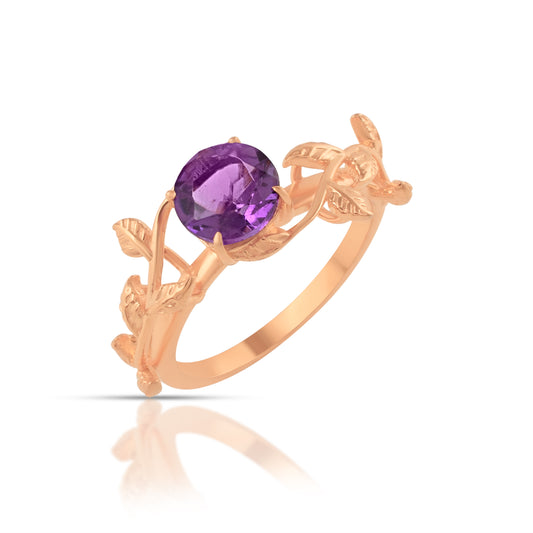 Majestic Amethyst Silver Promise Ring with Leaves and Petals