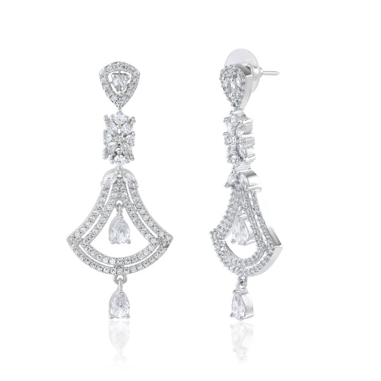 High End Zirconia Bali Jhumka In Brass Hanging White Minimal Light Weight Jhumka Earrings In White Rhodium 10Grams Pair