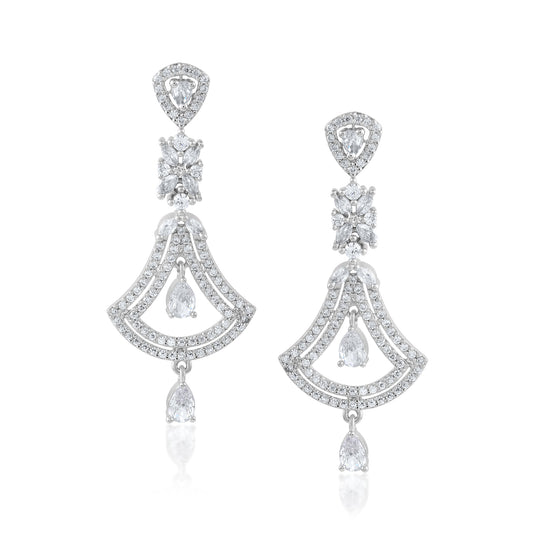 High End Zirconia Bali Jhumka In Brass Hanging White Minimal Light Weight Jhumka Earrings In White Rhodium 10Grams Pair