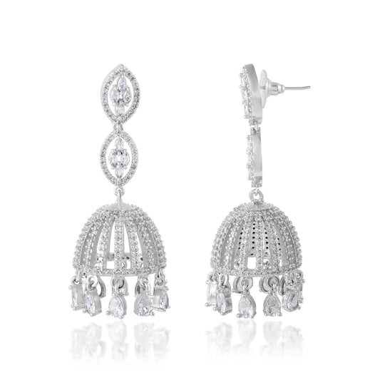 High End Zirconia Studded Jhumka Perfect For Wedding Party In Brass With Shining White Cz Indian Desi Wedding Gift Ideas For Her