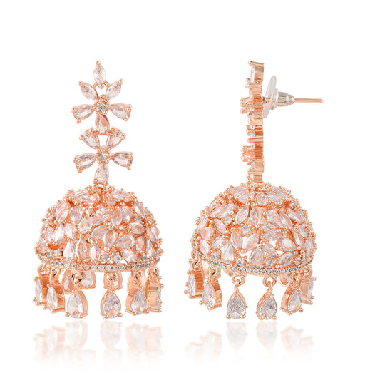 Rose Gold Jalidar Chimes Jhumka Handmade Indian Jewelry American Diamond Earrings Light Weight Jhumka Earring 925 Silver 14K Rose Gold Filled