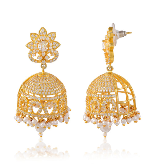 Premium Look Bold Gold Jalidar Chimes Jhumka Indian Jewelry Handmade Light Weight Natural Pearl Lamp Jhumka 925 Silver Bridesmaid Gift