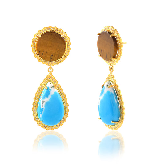 Stunning Tiger Eye Blue Turquoise Layered Earring Jhumka In 925Silver With 18K Gold Rhodium Hanging Ethnic Jhumka Handmade Minimal Jewelry