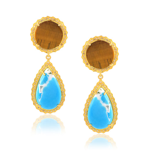 Stunning Tiger Eye Blue Turquoise Layered Earring Jhumka In 925Silver With 18K Gold Rhodium Hanging Ethnic Jhumka Handmade Minimal Jewelry