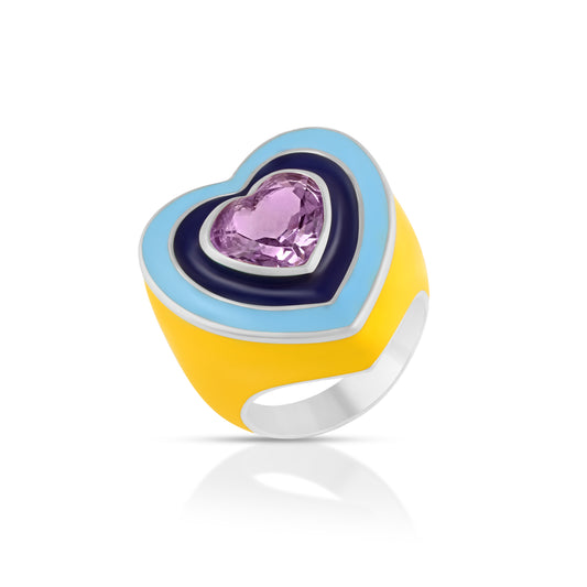 Blue and Yellow Enamel Customize Heart Natural Amethyst Statement Ring