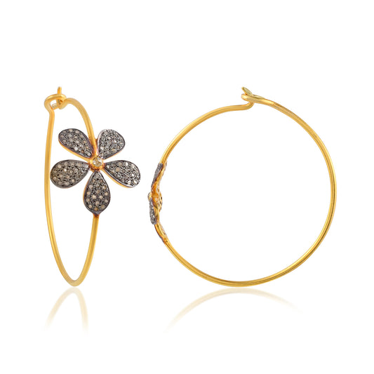 Minimal Hand-Crafted Floral Hoop Earrings Bespoke Stylish Pave Diamond Jewelry 925 Silver Handmade Unique Gift For Her Mid-Size Hoop 35Mm.