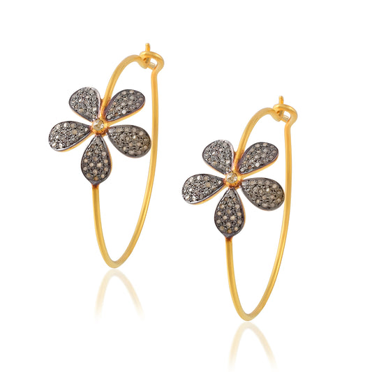 Minimal Hand-Crafted Floral Hoop Earrings Bespoke Stylish Pave Diamond Jewelry 925 Silver Handmade Unique Gift For Her Mid-Size Hoop 35Mm.