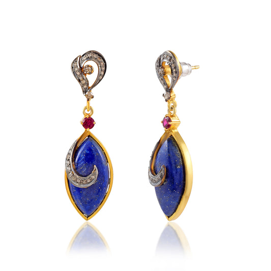 Lapis Lazuli Earring In 925 Sterling Silver Handmade One-Of-A-Kind Earring Jewelry Pave Diamond Studded Earrings
