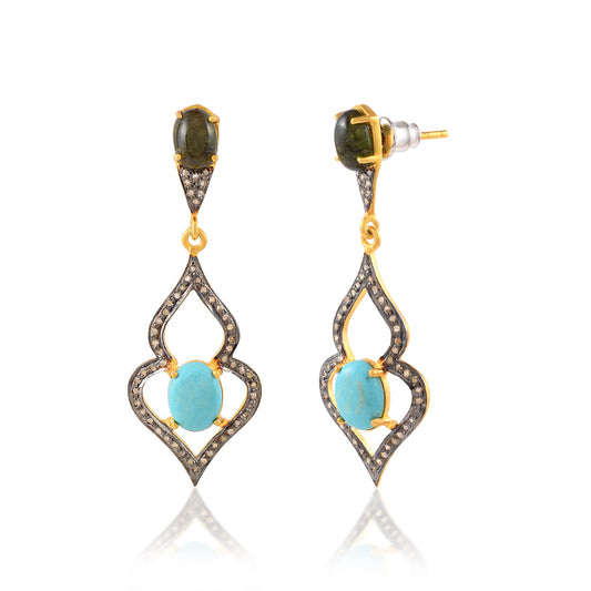 Stylish Handmade Natural Turquoise Gemstone One-Of-A-Kind Earring 925 Sterling Silver Designer Jewelry Pave Diamond Earring Victorian Jewelry Drop Dangle Earring