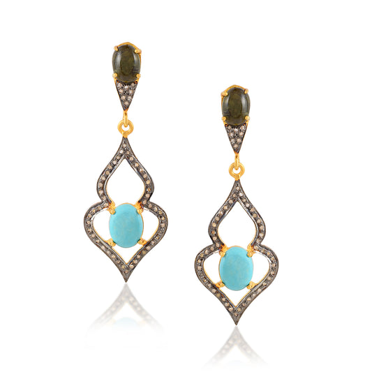 Stylish Handmade Natural Turquoise Gemstone One-Of-A-Kind Earring 925 Sterling Silver Designer Jewelry Pave Diamond Earring Victorian Jewelry Drop Dangle Earring