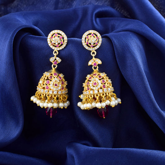 Golden Vine Minakari Jhumka Earrings with CZ Stones in 14K Gold Finish