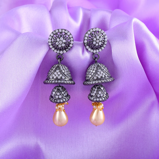 Antique Mayur Jali Jhumka Earrings with Pearl Lamps in 925 Silver.