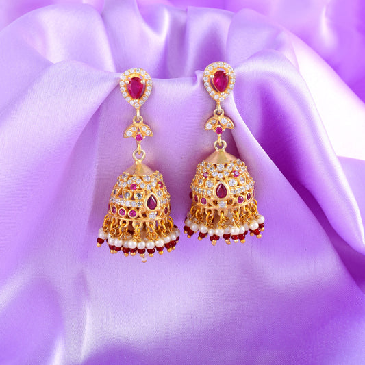 Elegance Shine Gold-Plated Pink Fluorite Jhumka Earrings With 14K Gold