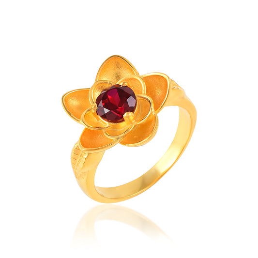 FLORAL Engagement Ring with Red Fine cut CZ Stone at centre in 14k Gold Polish in solid 925Silver