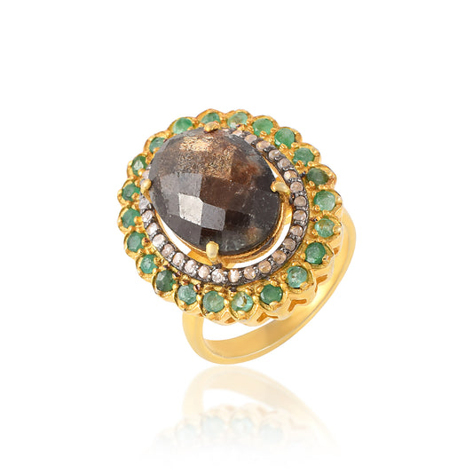 BIG OVAL LABRADORITE Centered Ring with Pave diamond in 925 Silver Ring For Engagement anniversary