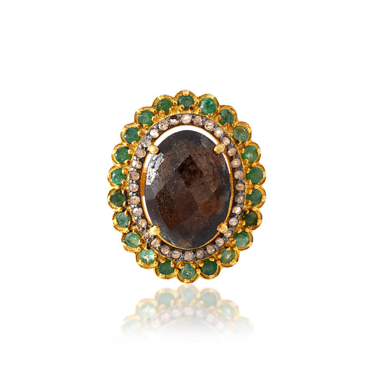 BIG OVAL LABRADORITE Centered Ring with Pave diamond in 925 Silver Ring For Engagement anniversary