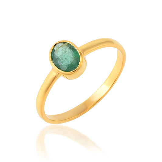 Solitaire Oval Emerald Ring Minimalist 925 Silver Ring with 14k Gold Plated