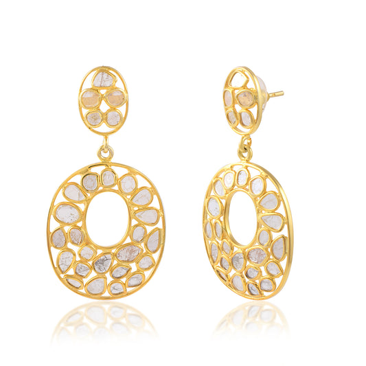 14K Gold Finish Slice Diamond Polki Earring In 925 Sterling Silver Handmade Finish Salt And Pepper Diamond Earring