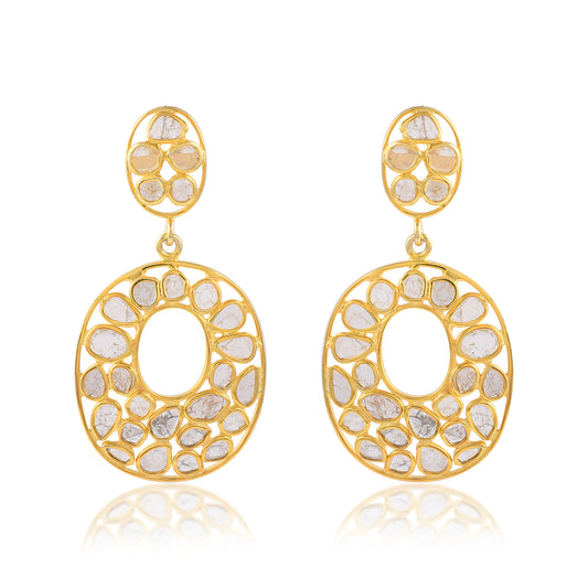 14K Gold Finish Slice Diamond Polki Earring In 925 Sterling Silver Handmade Finish Salt And Pepper Diamond Earring