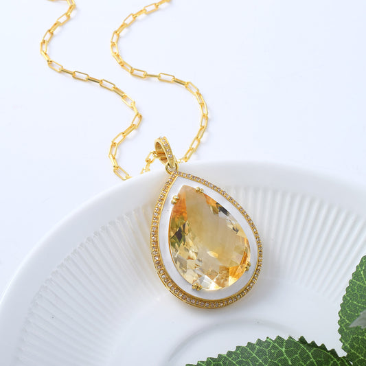 HANDMADE Pave Diamond Teradrop BIG CITRINE Yellow Gold Pendant in 925 Sterling Silver Gold Dipped Vintage Collection