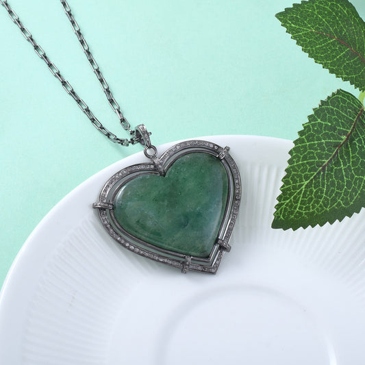 One of a kind Natural Green Aventurine Heart Love Pendant with Bloom flower Unique Love couple Pendant