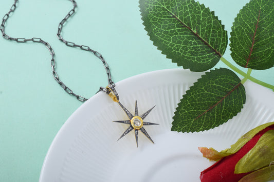 HANDMADE MINIMAL Pave Diamond Starburst Pendant in 925 Silver Centered Enamel Pendant Diamond Pendant Handmade Jewelry