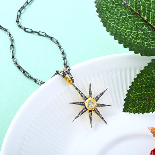 HANDMADE Pave Diamond Starburst Pendant Pave Diamond Sunburst Pendant Two Tone Pendant Diamond Pendant Handmade Minimal Jewelry