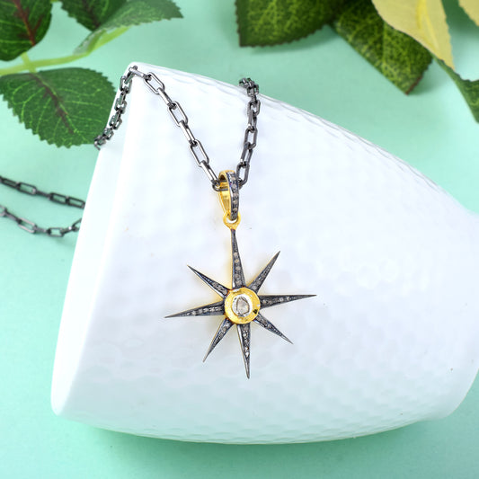 HANDMADE Pave Diamond Starburst Pendant Pave Diamond Sunburst Pendant Two Tone Pendant Diamond Pendant Handmade Minimal Jewelry