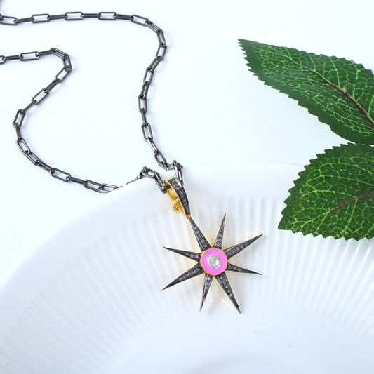 HANDMADE MINIMAL Pave Diamond Starburst Pendant in 925 Silver Centered Enamel Pendant Diamond Pendant Handmade Jewelry