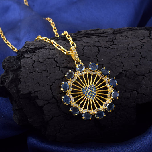 Unique HANDMADE Love Pendant Natural Blue Sapphire Heart Shaped 925 Sterling Silver Natural gemstone Studded Round Pendant