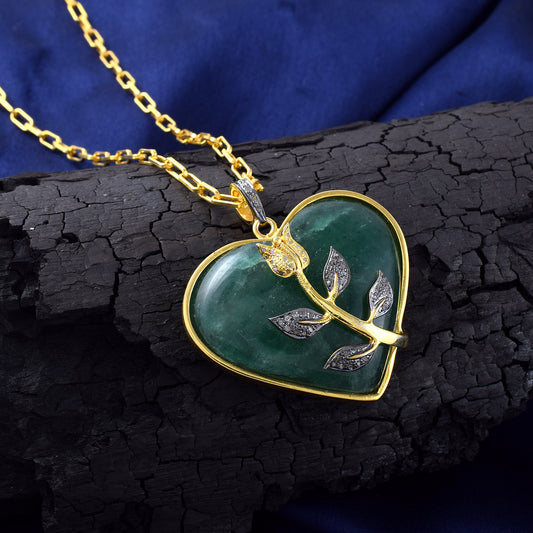 One of a kind Natural Green Aventurine Heart Love Pendant with Bloom flower Unique Love couple Pendant