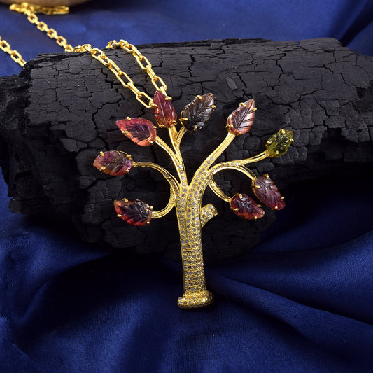 HANDMADE Multi Tourmaline Tree Pendant 925 Sterling Silver Handmade Natural Tourmaline Pendant