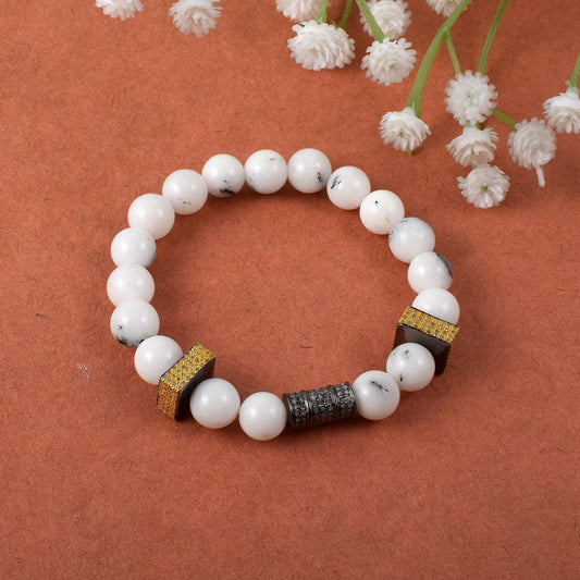 VALLAKI Natural Energized Howalite Beads Adjustable Bracelet Band with Pave diamond Charms 8mm Beaded Bracelet Unisex Bead Bracelet