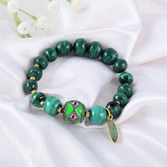 VALLAKI Natural Energized Malachite Beads Bracelet Band with Pave diamond Charms 8mm Beaded Bracelet Unisex Bead Bracelet