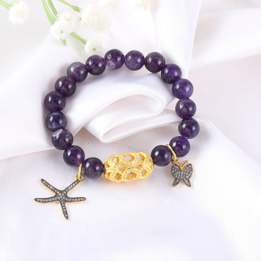 VALLAKI Natural Amethyst Beads Bracelet Band with Pave diamond Charms 8mm Beaded Bracelet Unisex Bead Bracelet