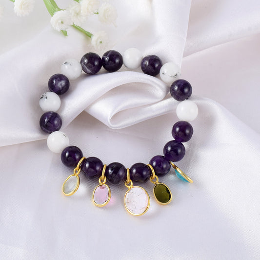 VALLAKI Young & Forever Mix Natural Energized gemstone Howalite Amethyst Toumaline Valentine Gift Natural Reiki Feng-Shui Healing Crystal Gem Stone Bracelet for Men and Women