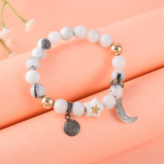 VALLAKI Black and White Golden Energized gemstone Howalite Reiki Healing Crystal Adjustable Bracelet Band in 925 Silver Pave diamond charms