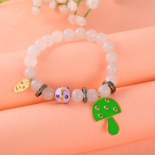 VALLAKI NATURAL Rose quartx Beades Adjustable Bracelet in 925 Silver Enamel Mushroom and Rouncd Chamrs Baby pink Stone Beaded Stretch Gemstone Bracelet w/ Charms