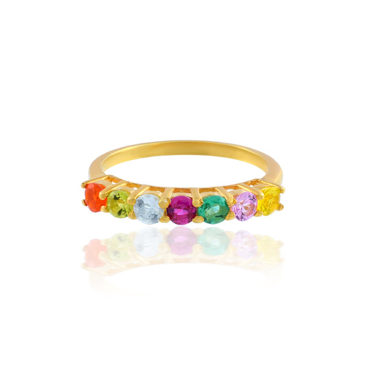 Rainbow 7 Color Stone Ring Band with Gold Plated Rhyno Stone