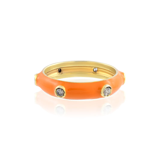 Elegance Pave Diamond Orange Enamel Eternity Ring Band