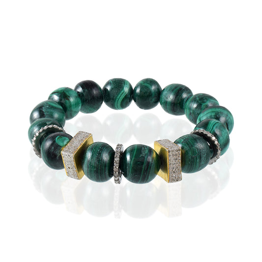 VALLAKI Natural Energized Malachite Beads Adjustable Bracelet Band with Pave diamond Charms 8mm Beaded Bracelet Unisex Bead Bracelet