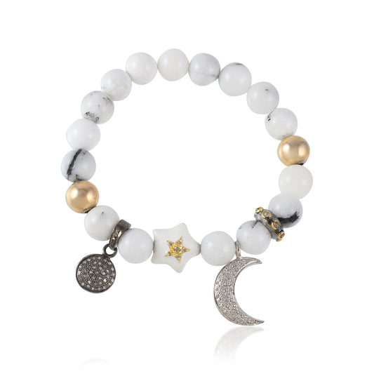 VALLAKI Black and White Golden Energized gemstone Howalite Reiki Healing Crystal Adjustable Bracelet Band in 925 Silver Pave diamond charms