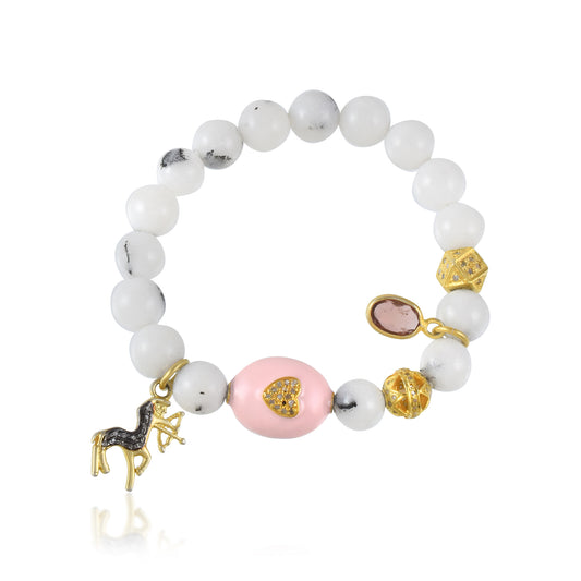 VALLAKI Black and White Golden Energized gemstone Howalite Reiki Healing Crystal Adjustable Bracelet Band in 925 Silver Pave diamond charms