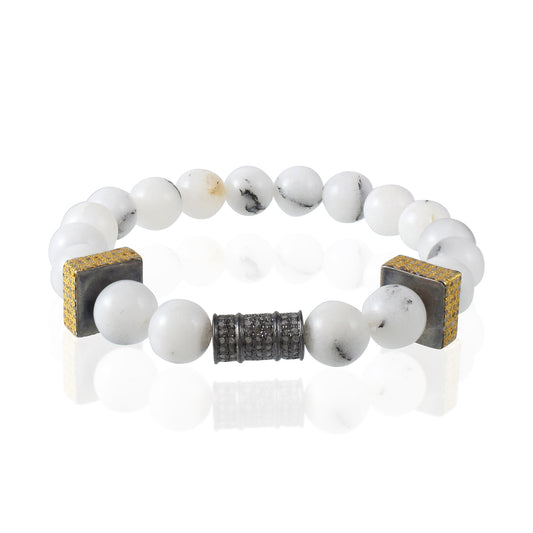 VALLAKI Natural Energized Howalite Beads Adjustable Bracelet Band with Pave diamond Charms 8mm Beaded Bracelet Unisex Bead Bracelet