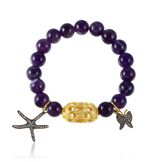 VALLAKI Natural Amethyst Beads Bracelet Band with Pave diamond Charms 8mm Beaded Bracelet Unisex Bead Bracelet