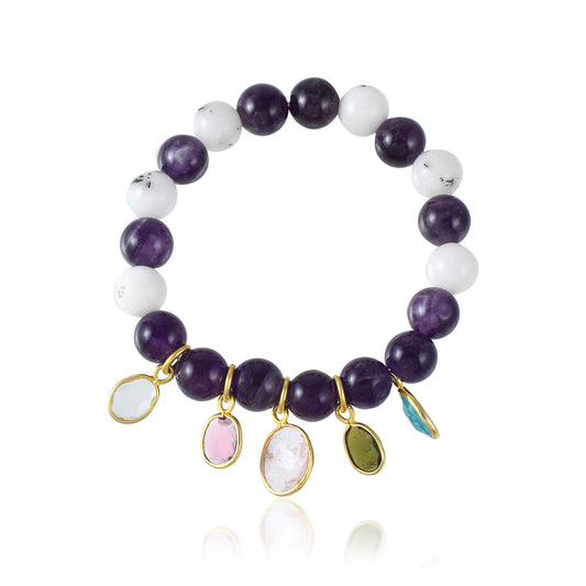 VALLAKI Young & Forever Mix Natural Energized gemstone Howalite Amethyst Toumaline Valentine Gift Natural Reiki Feng-Shui Healing Crystal Gem Stone Bracelet for Men and Women