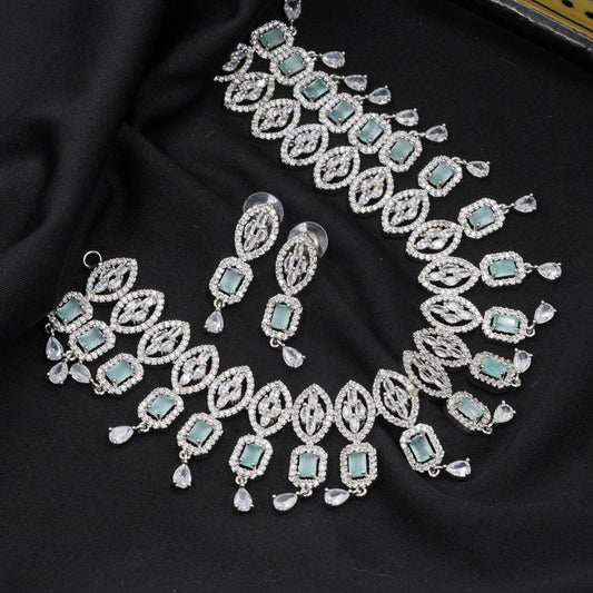 VALLAKI HANDMADE Luxury Mint Green Necklace Set with Earrings in High Quality CZ Stone in Brass Wedding wear Jewelery Set