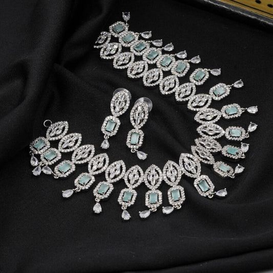 VALLAKI HANDMADE Luxury Mint Green Necklace Set with Earrings in High Quality CZ Stone in Brass Wedding wear Jewelery Set